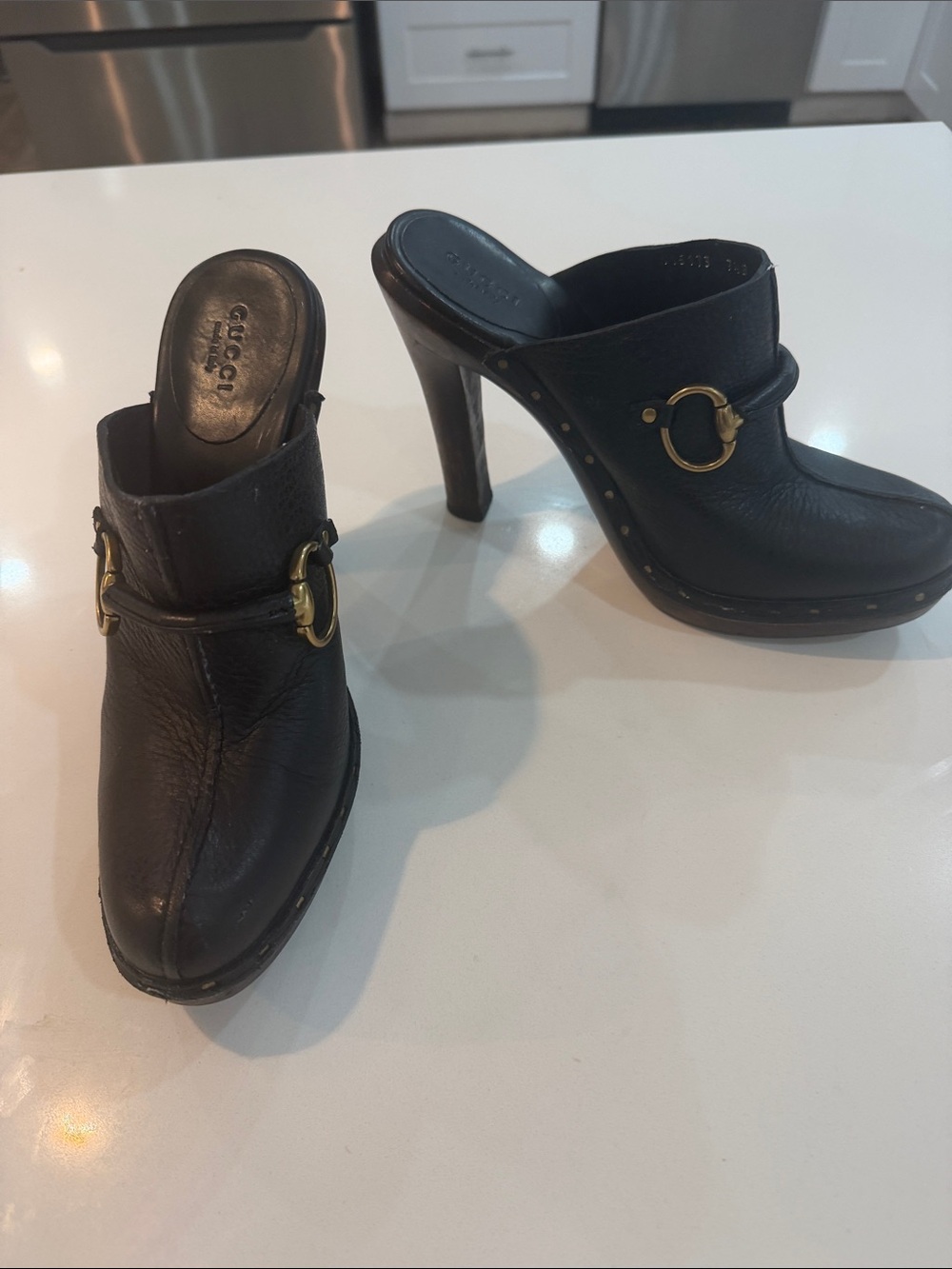 Gucci Black Leather High-Heel Clog with Gold Horse-bit🐎❤️